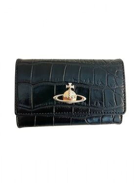 Vivienne Westwood Black Croc-Embossed Wallet Key Case with Gold Logo Authentic